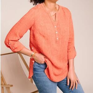Talbots Side Button Linen Band Collar Popover Size Medium